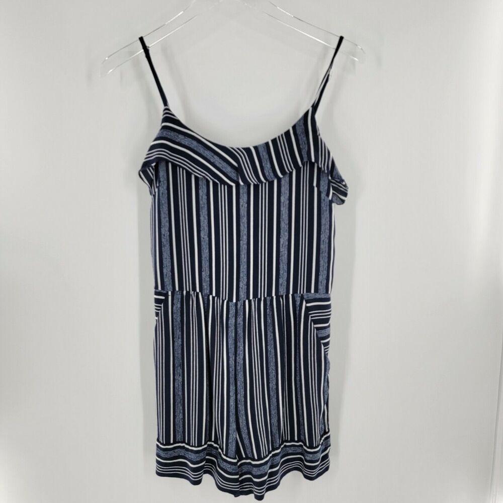 Ann Taylor LOFT Sleeveless Striped Navy Blue & White Romper Pockets Size 4